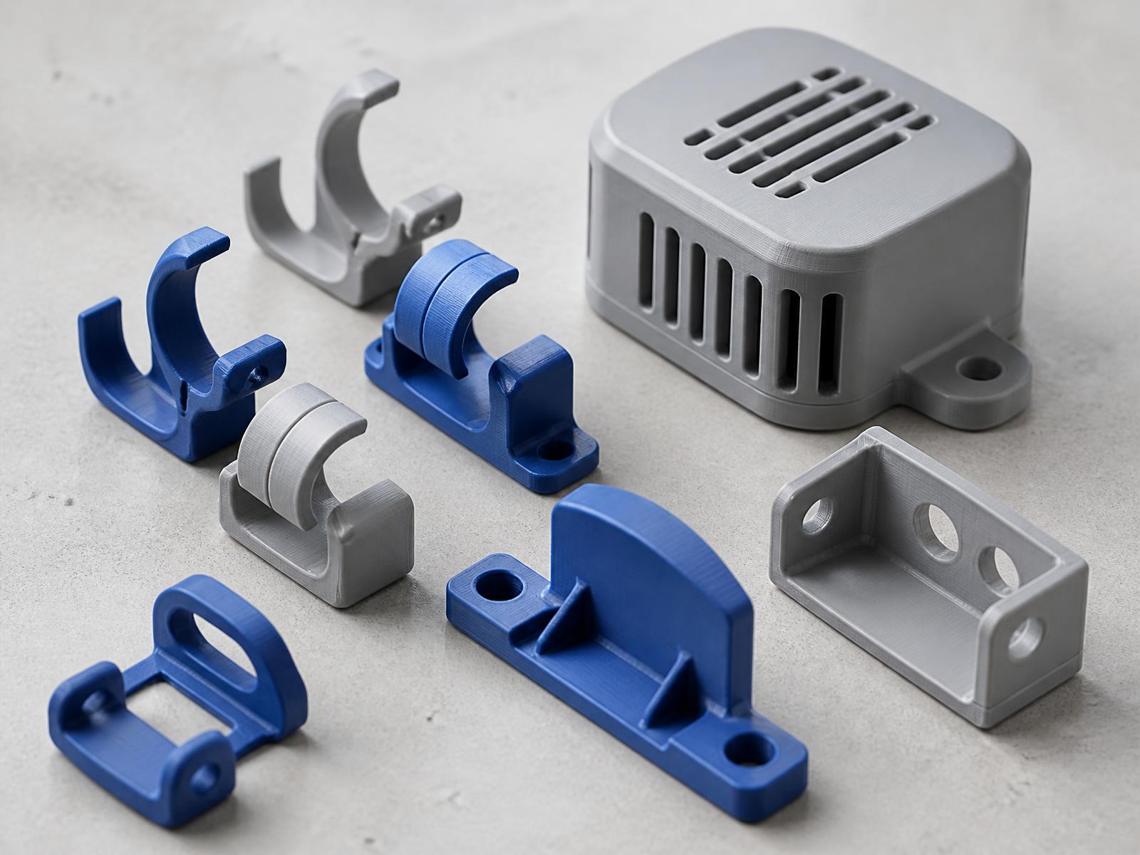 3D-gedruckte Kabelhalter, Sensorgehäuse und Winkel aus blauem und grauem PETG